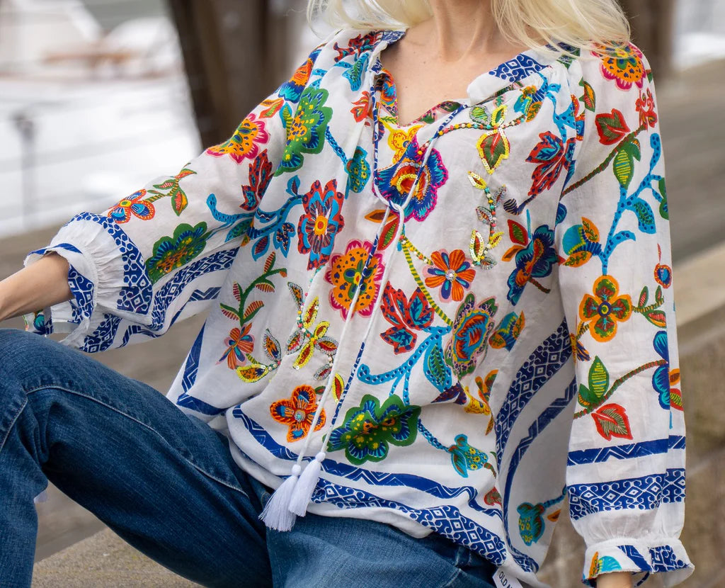 White Embroidered Floral Tie Front Top