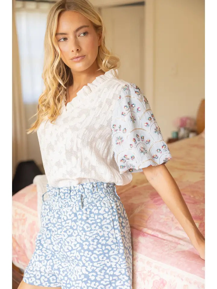 Cream Floral Embroidered Sequin Sleeve Ruffled V Neck Top