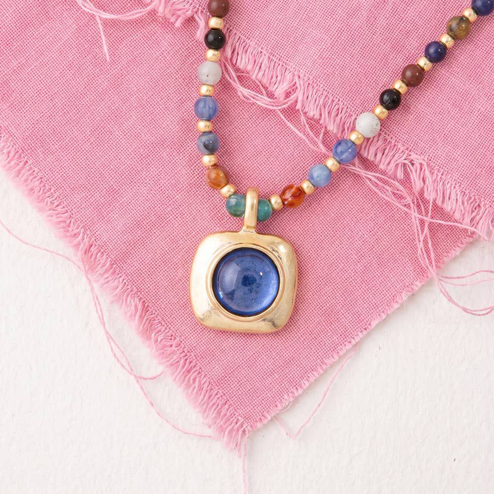Mixed Stone Bead Necklace With Square Framed Pendant