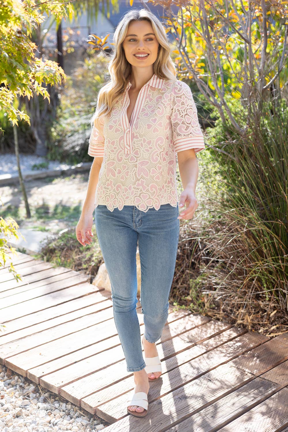 Mauve Collared V-Neck Stripe and Lace Mixed Fabric Top