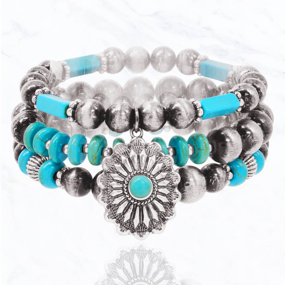 Turquoise & Silver Charm Beaded Bracelet Set