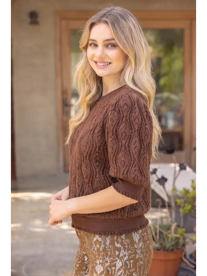 Brown Ruffled Band Puff Sleeve Cable Knit Top