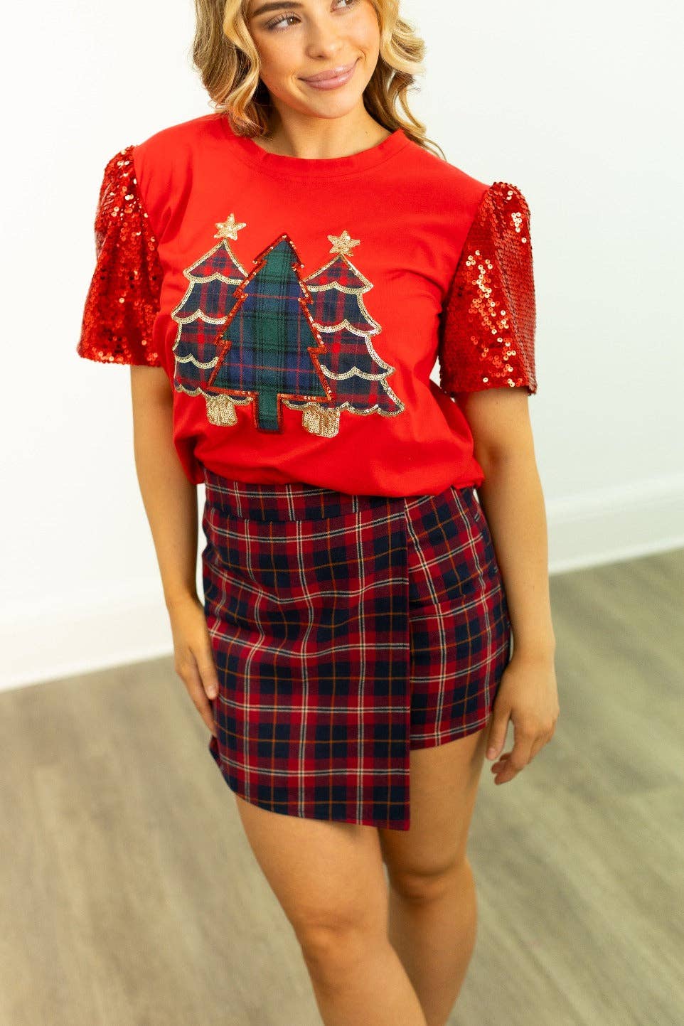 Red Festive Forest Sequin Sleeve Top