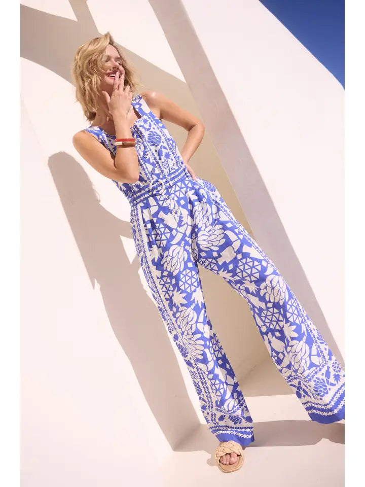 Cobalt Border Print Button Front Jumpsuit with Belt
