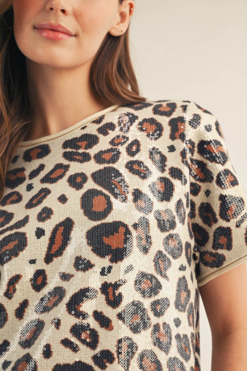 Oatmeal Rolled Edge Detail Sequins Covered Leopard Sweater