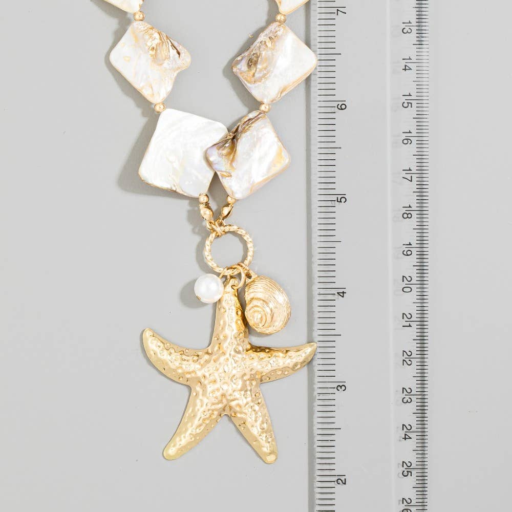 Gold Starfish & Pearl Drop Square Stone Necklace