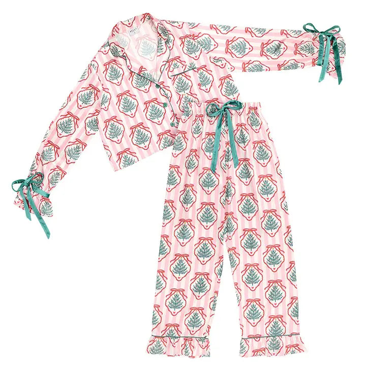 Ruffled Pj Set with Velvet Ties - Pink Stripes + Doily Trees