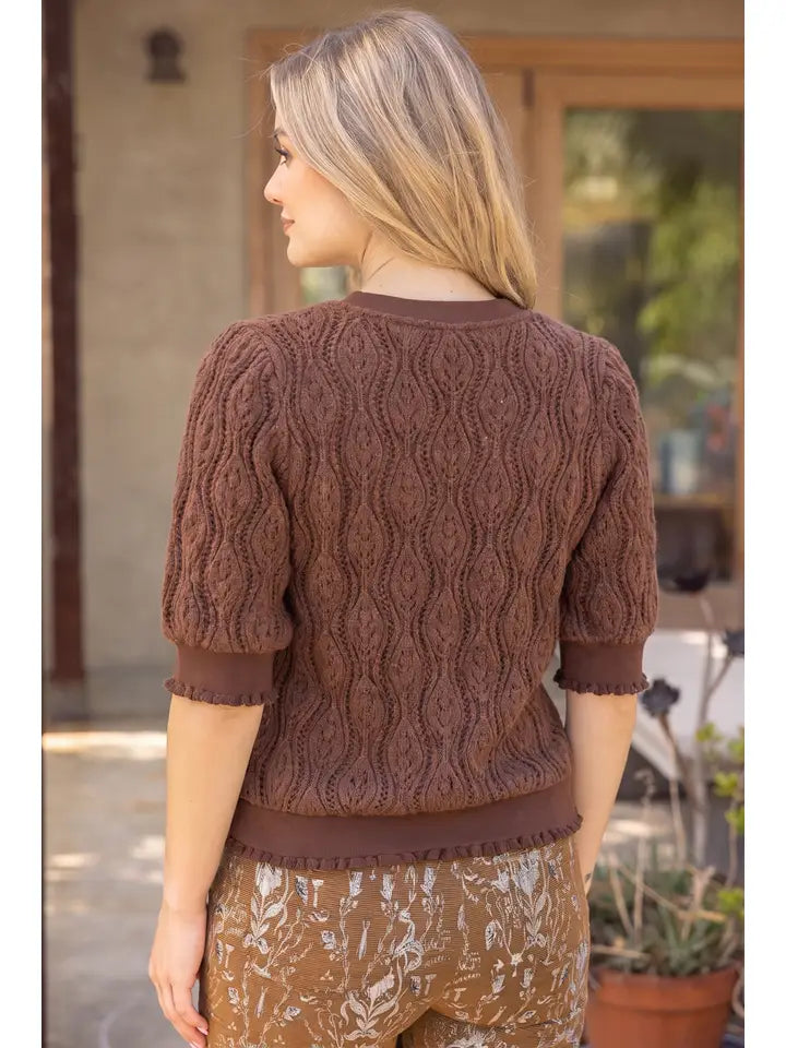 Brown Ruffled Band Puff Sleeve Cable Knit Top