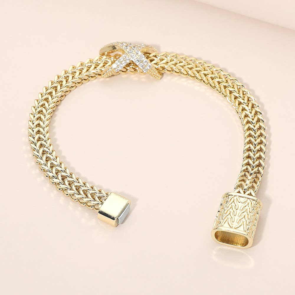 CZ Pave Crisscross Charm Accent Textured Mesh Chain Magnetic Bracelet
