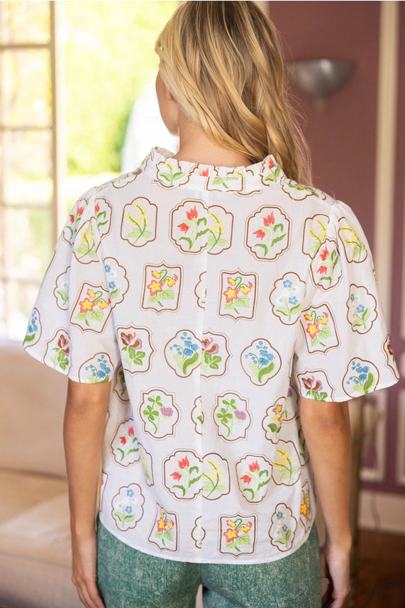 White Framed Floral Embroidered V-Neck Top