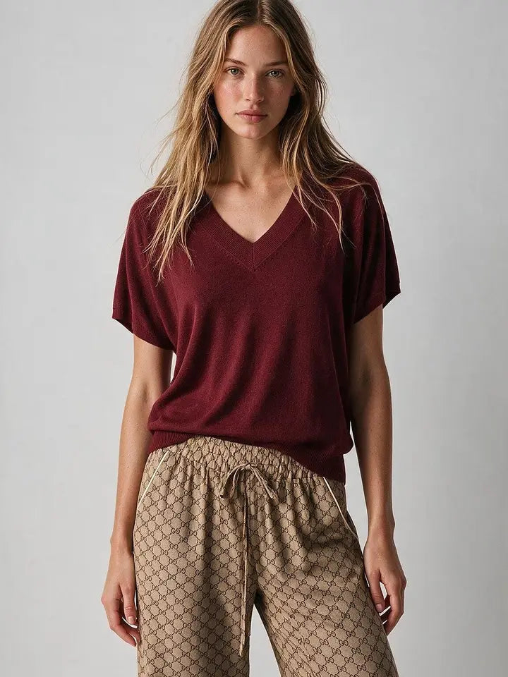 Fine-Knit V-Neck Sweater with Short Dolman Drop-Shoulder Sleeves