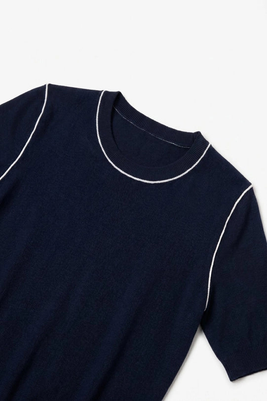 Navy Fine Knit Contrast Piping Short Sleeve Crew Neck Sweater