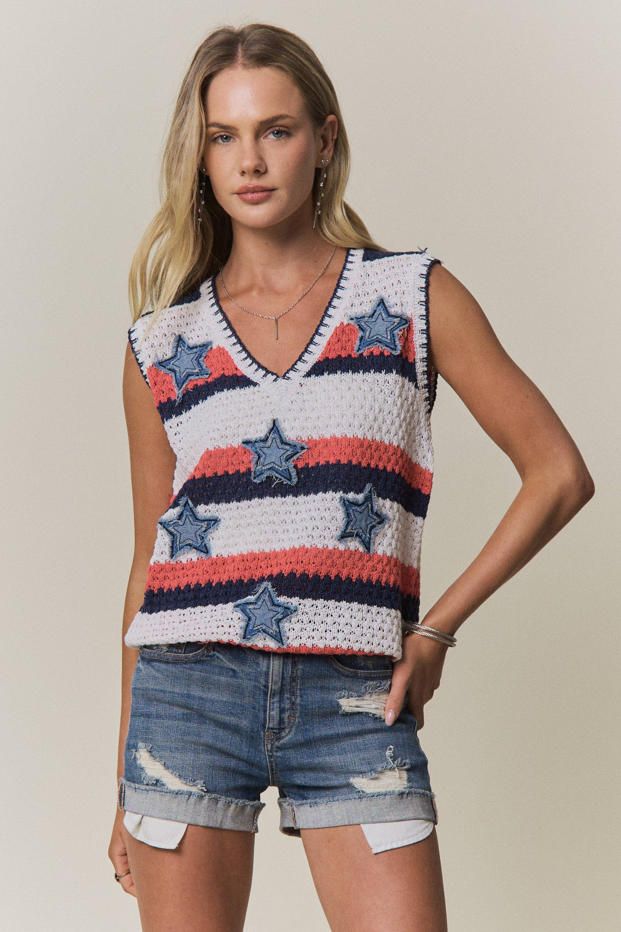 Striped Star Knit Sleeveless Sweater