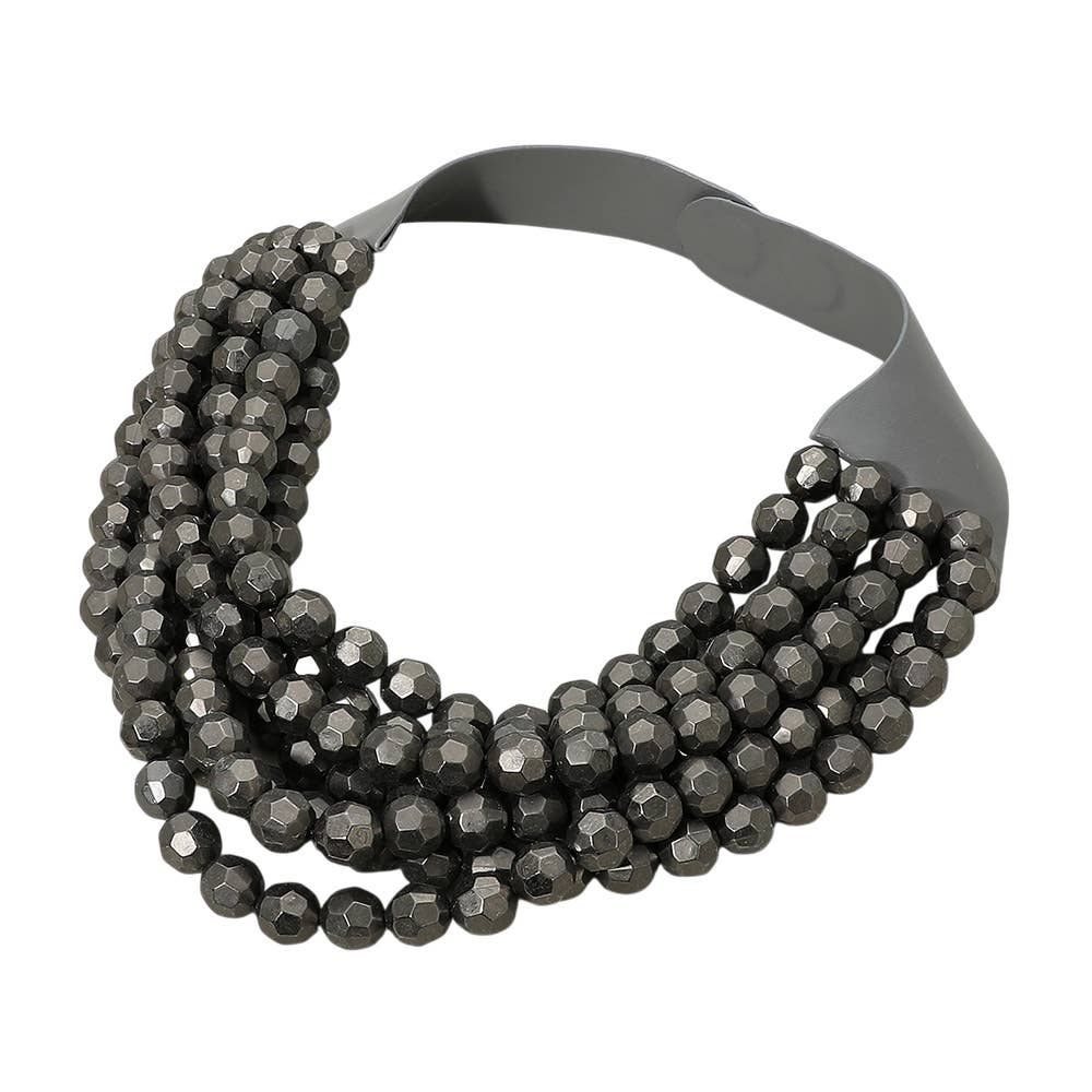 Multi Strand Faceted Ball Beaded Faux Leather Magnetic Statement Necklace