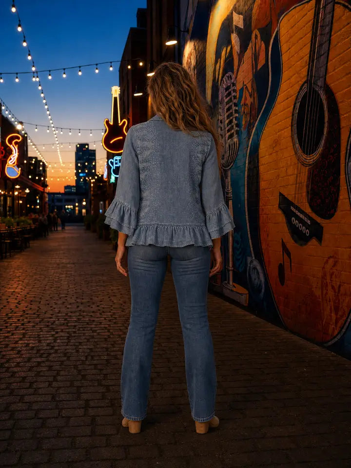 Tencel Rhinestone Ruffle Hem Denim Color Shirt Jacket