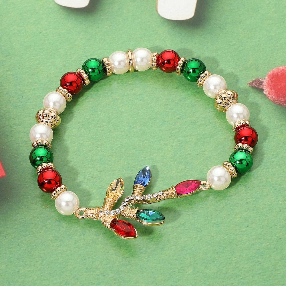 Christmas Holiday Light Charm Pearl Beaded Stretch Bracelet