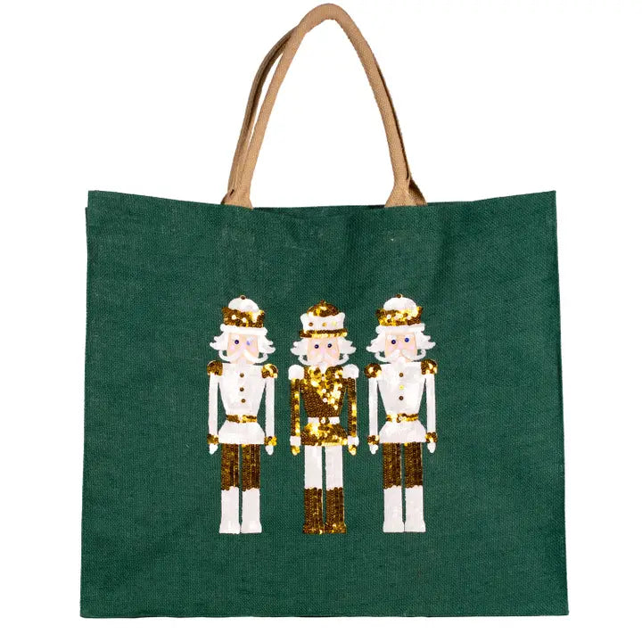 Alpine Nutcracker Sequin Carryall Tote Dark Green/White/Gold 22x19x8