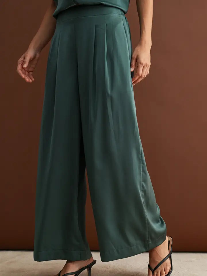 Hunter Green Satin Button Front Top Pleated Pants Set