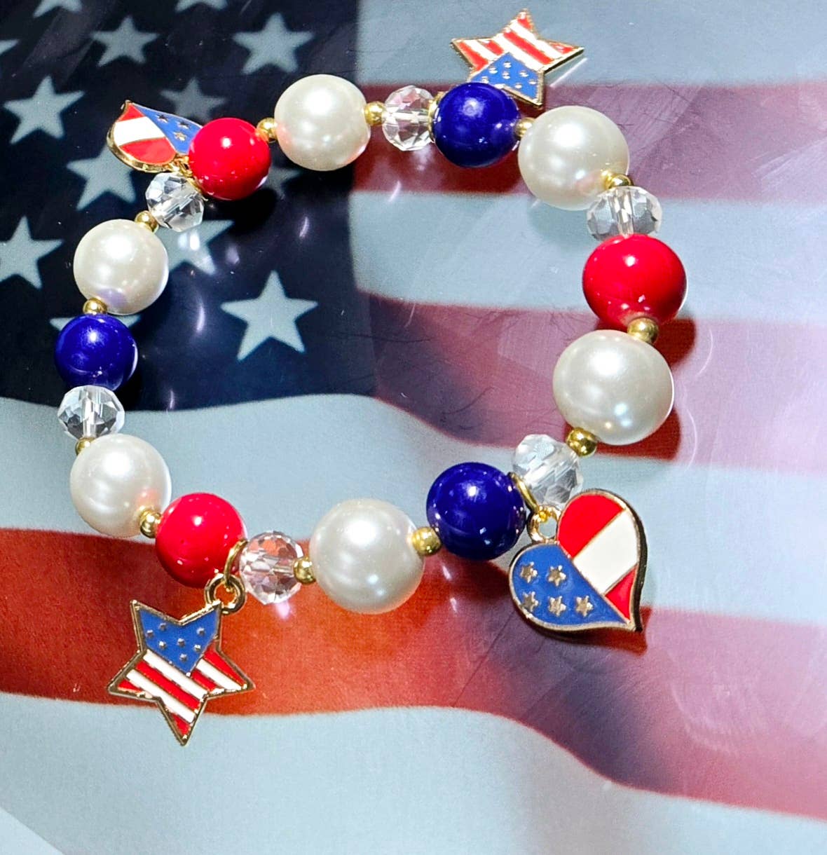 July 4th RWB Charms Beaded Stretch Bracelet