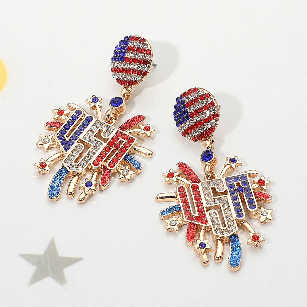 Stone Paved American USA Flag Accent Enamel USA Message Firework Dangle Earrings
