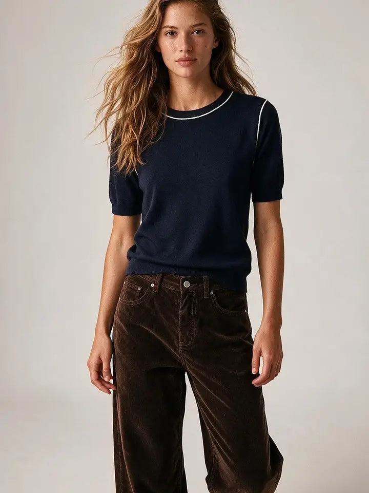 Navy Fine Knit Contrast Piping Short Sleeve Crew Neck Sweater