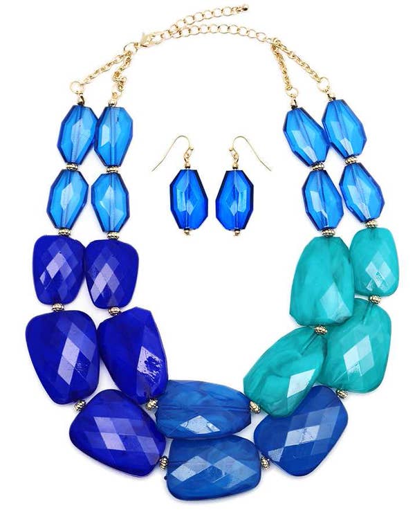 Blue Resin Stone Double Chain Necklace Set