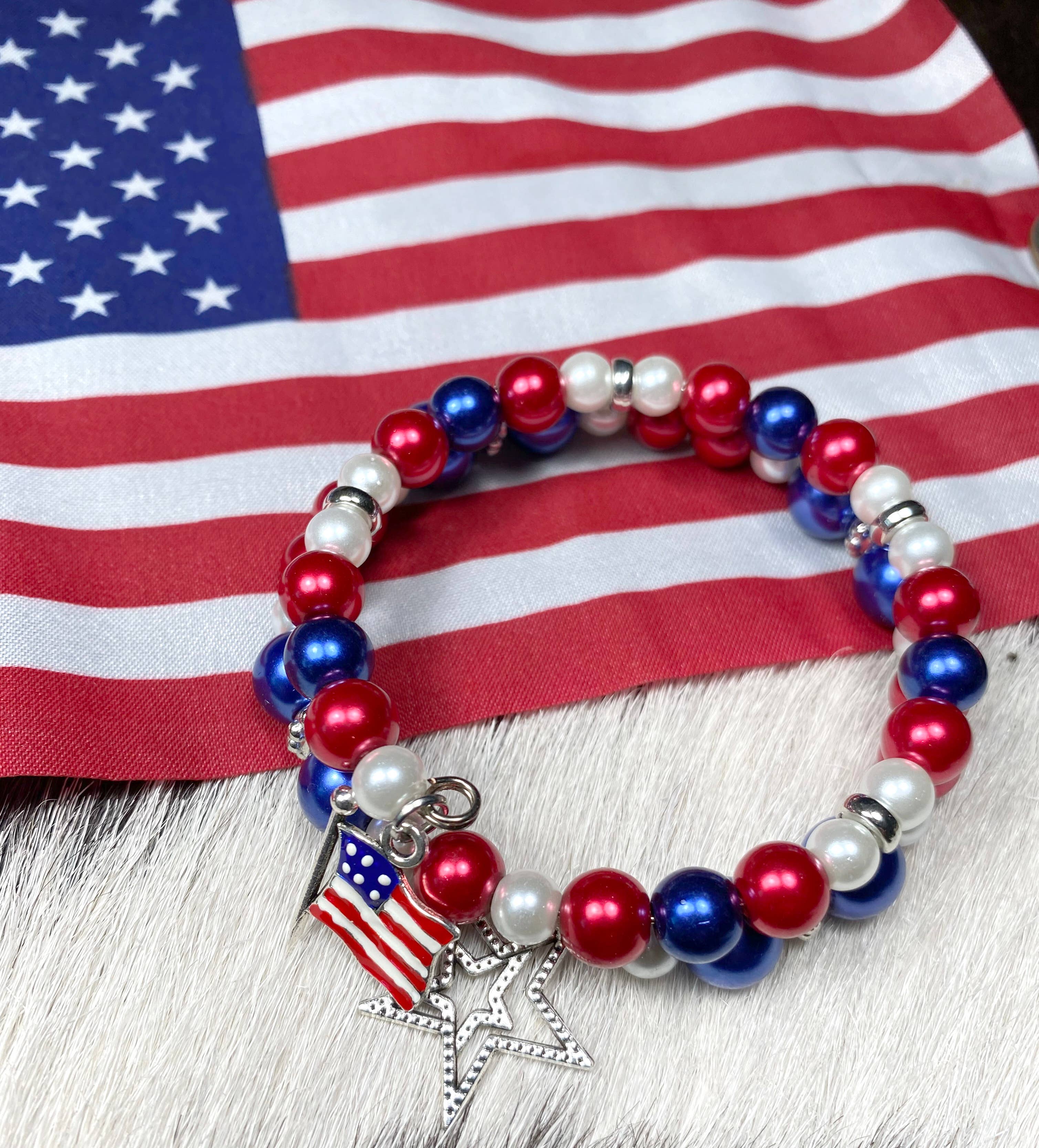 American Bangle Patriotic Flag Star Charm Coil  Bracelet