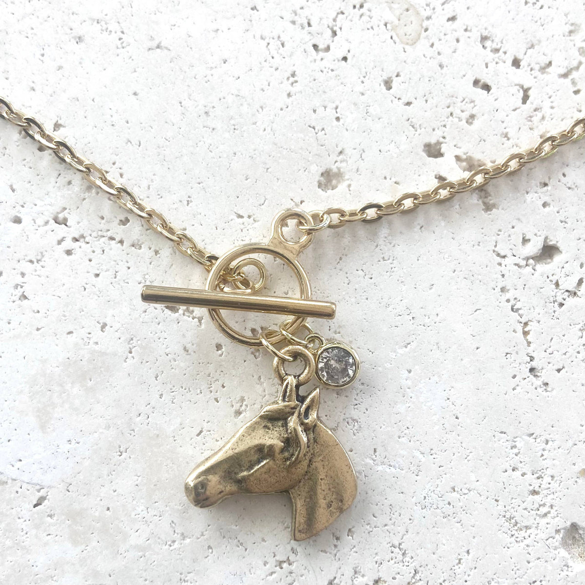 Gold Tone Derby Style Horse Necklace