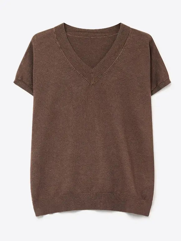 Fine-Knit V-Neck Sweater with Short Dolman Drop-Shoulder Sleeves