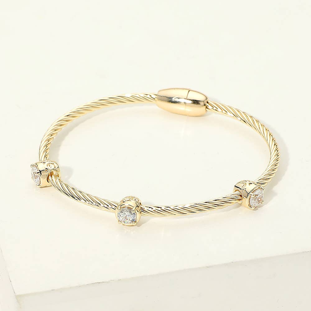 14K Gold Plated Triple CZ Bezel Accent Twisted Cable Magnetic Bangle Bracelet