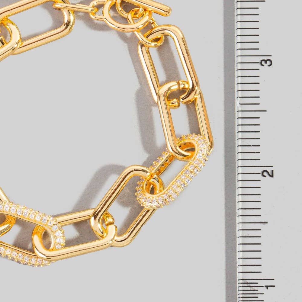 Gold Dipped Simple Cz Oval Toggle Chain Bracelet