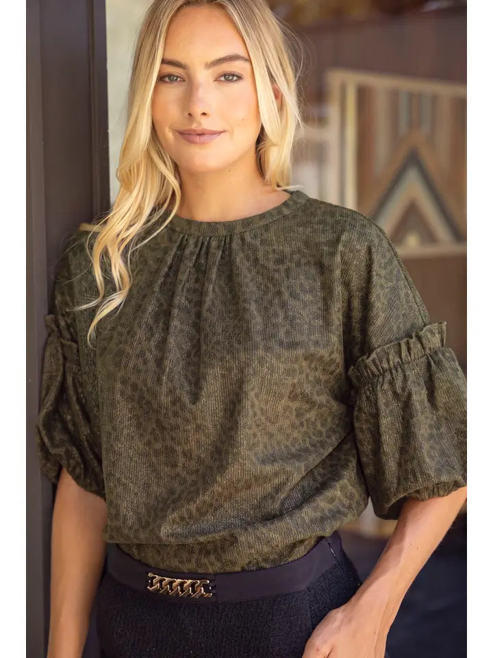 Olive Ruffle Puff Sleeve Metallic Animal Print Top
