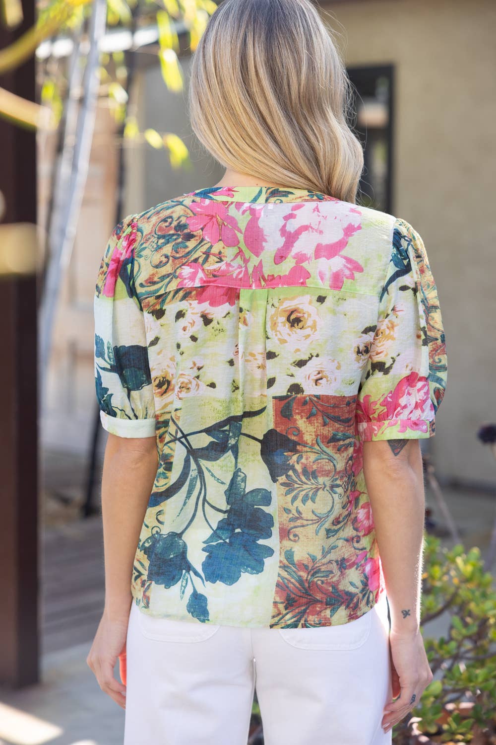 Green Floral Button Down Short Puff Sleeve Top