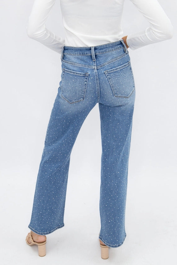 Straight-Leg Light Wash Crystal Jeans