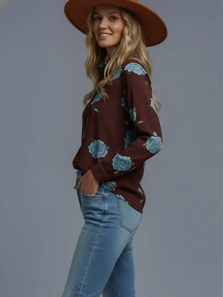 Brown Button-Up Shirt with Light Blue Floral Print in Satin