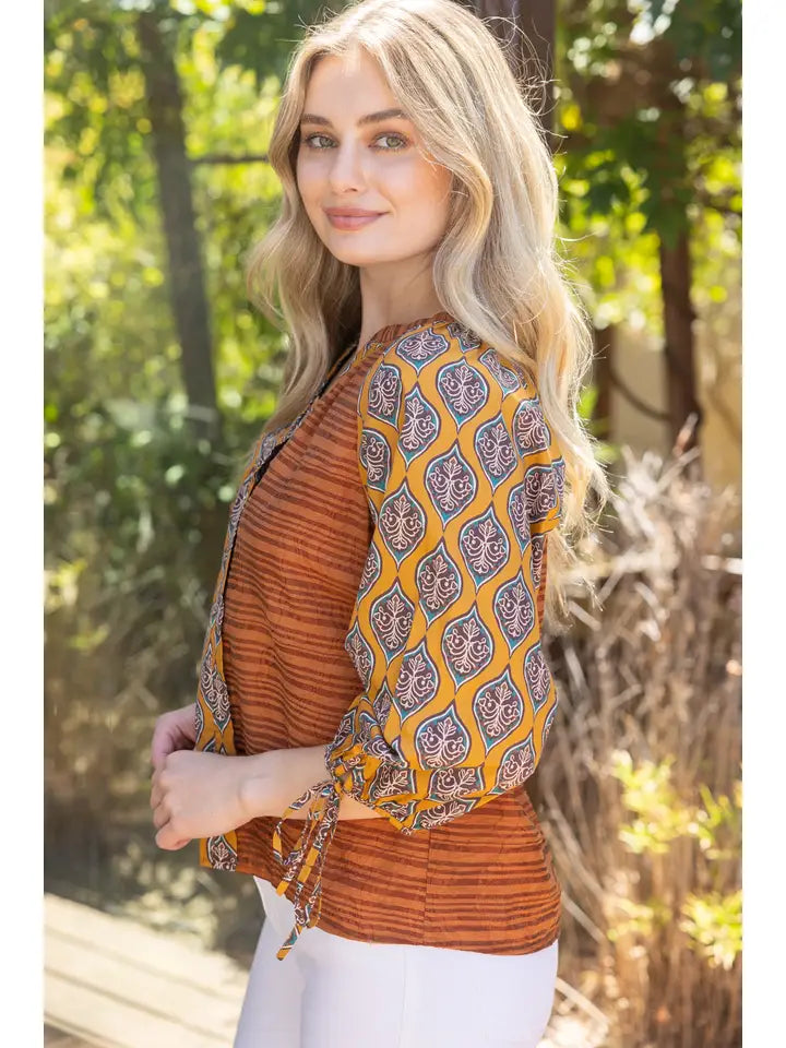 Brown Mixed Print V Neck Raglan Sleeve Top