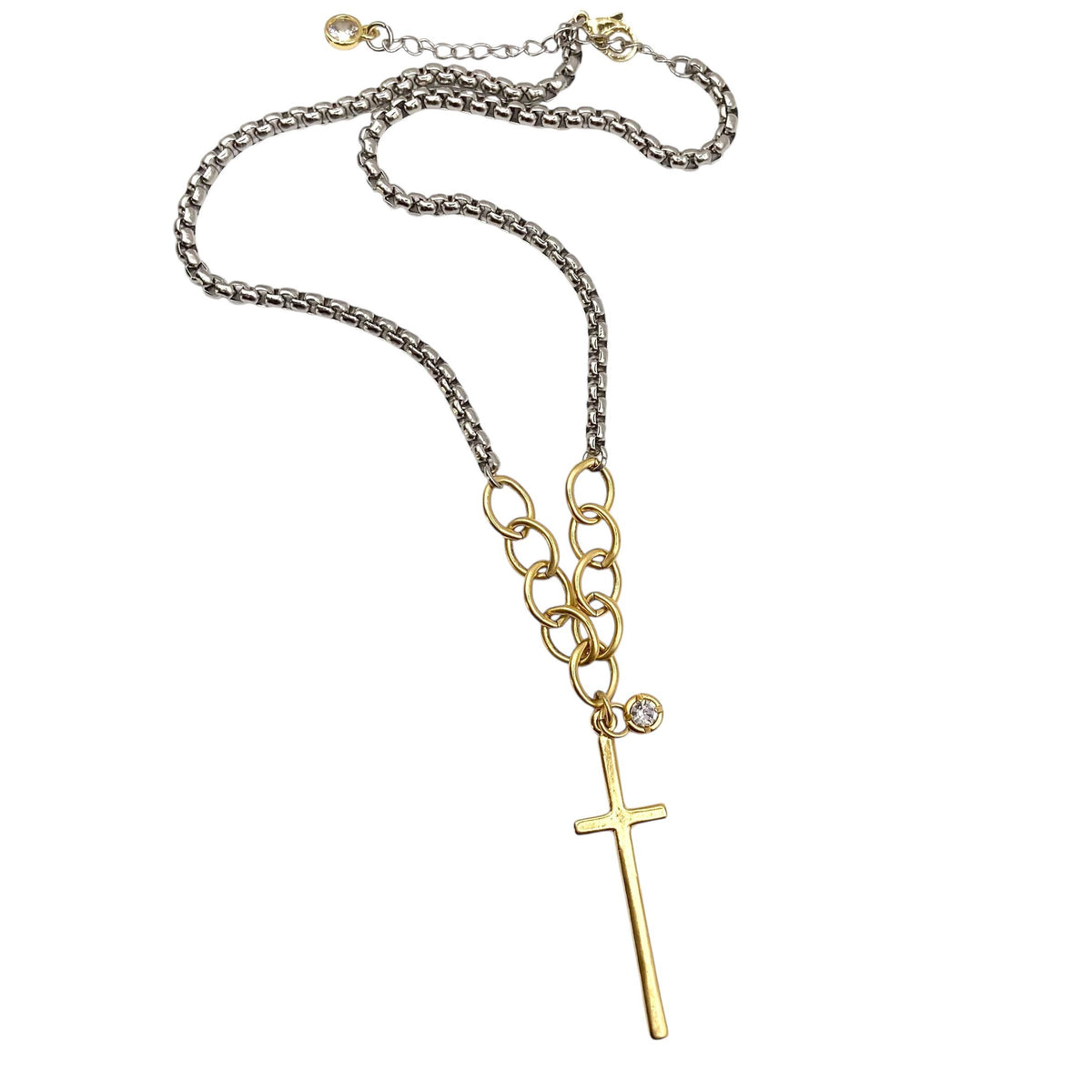 Mixed Metal Crystal Cross Necklace