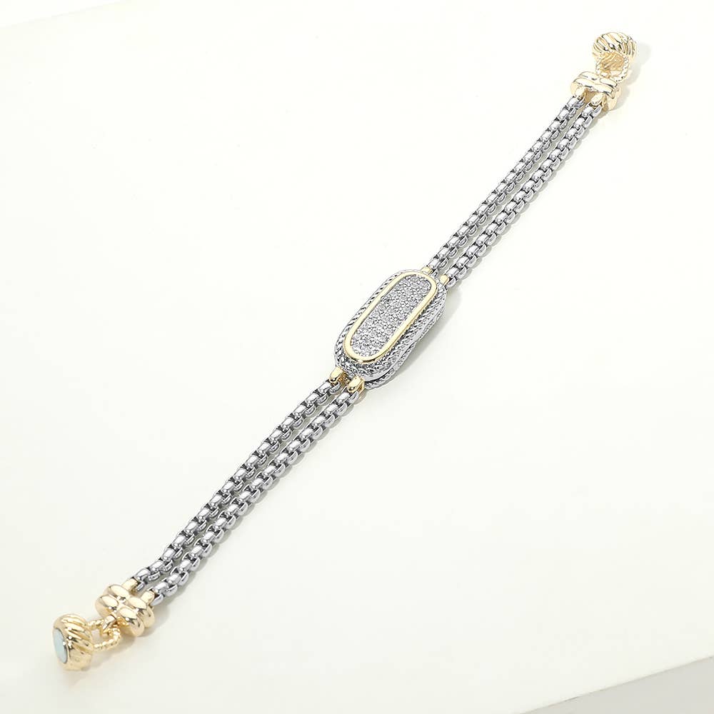 14K Gold Plated Two Tone CZ Pave Oval Bar Accent Layered Magnetic Bracelet