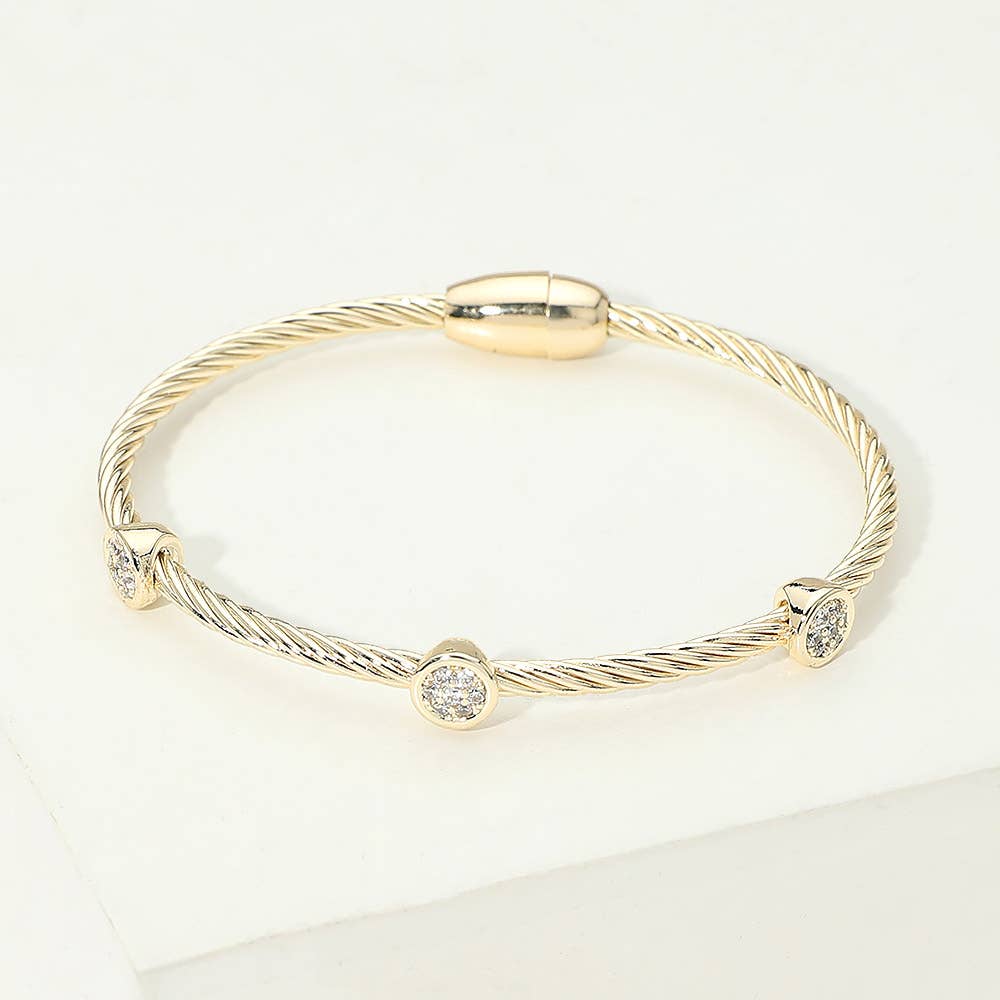 14K Gold Plated Round CZ Bezel Around Twisted Magnetic Bangle Bracelet