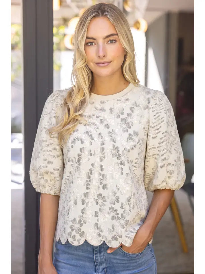 Ivory Scalloped Hem Twill Tape Tie Floral Textured Top