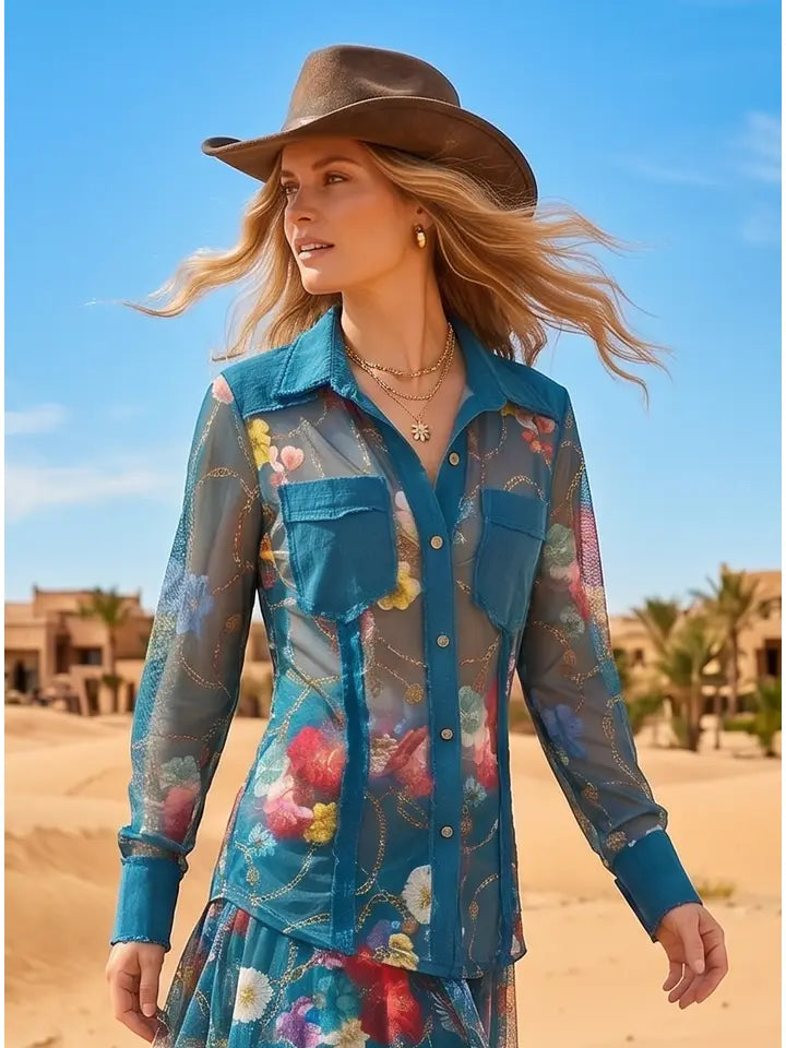 Floral Linen Mesh Button Front Top