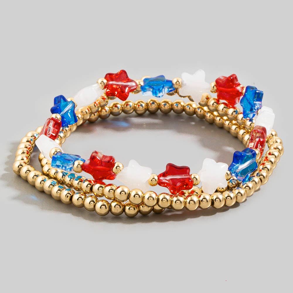 Patriotic Star Bead & Gold Ball Stretch Bracelet Set