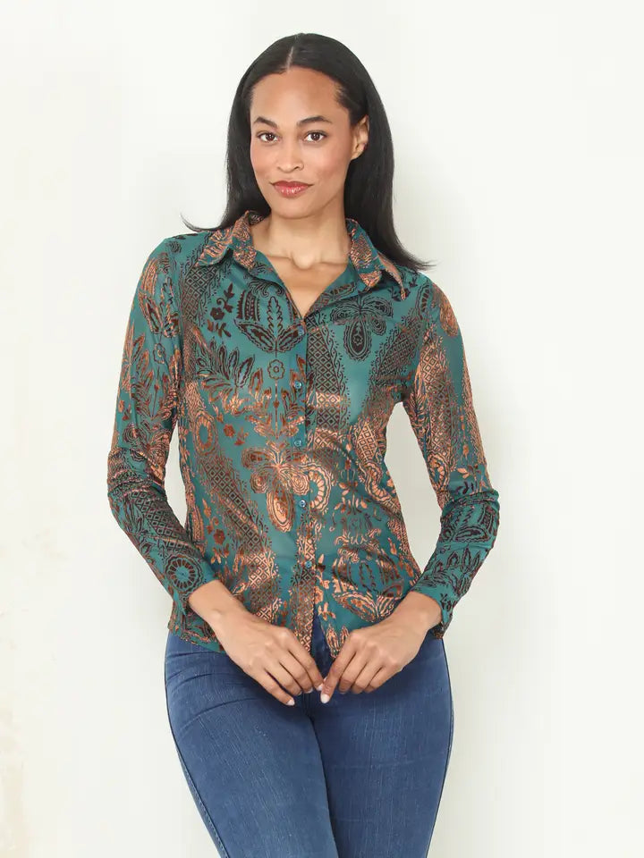 Teal & Brown Burnout Knit Velvet Button Front Shirt