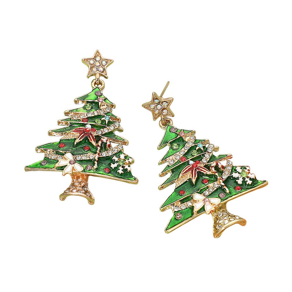 Rhinestone Embellished Christmas Tree Drop Earrings