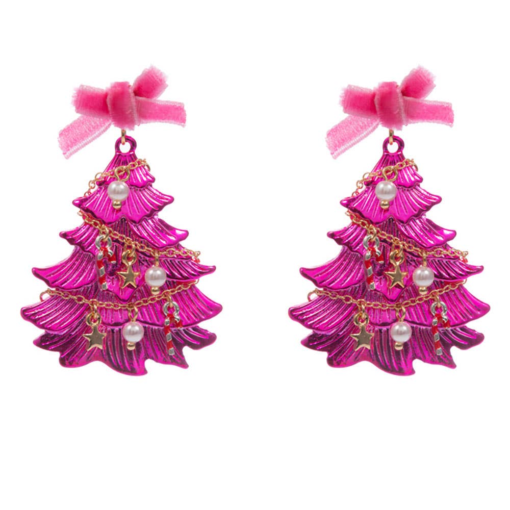 Festive Bow Accent Christmas Tree Drop Dangle Earrings
