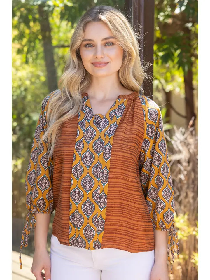Brown Mixed Print V Neck Raglan Sleeve Top