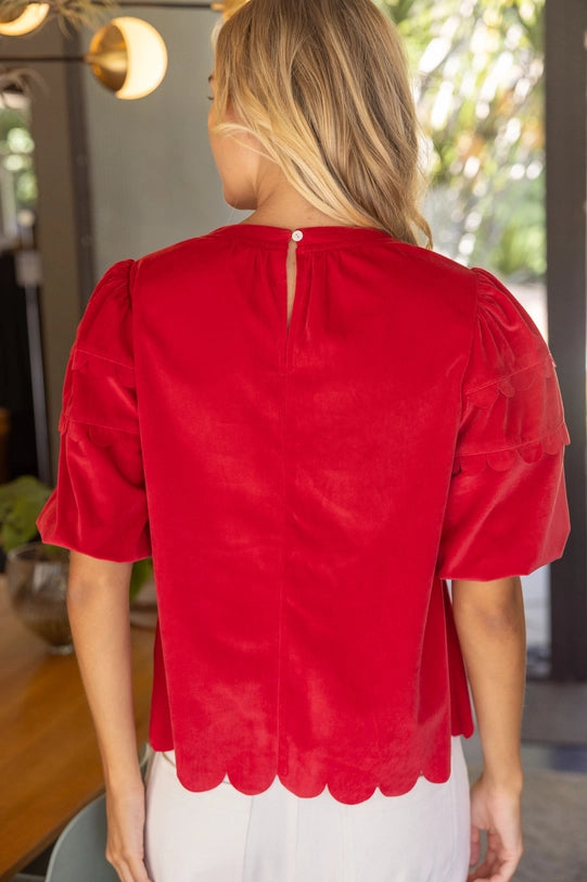 Scalloped Hemline Bubble Sleeve Solid Corduroy Top