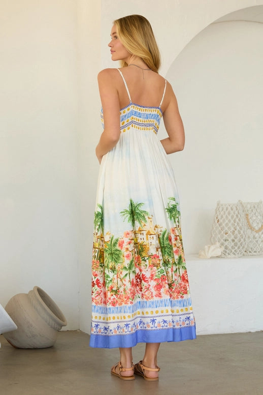 Blue Multi Tropical Scenic Print Midi Dress