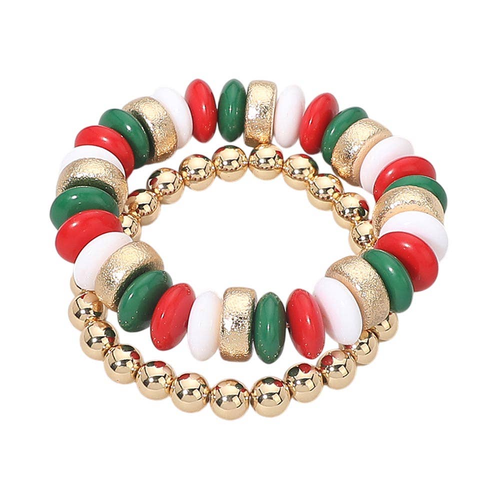 Red White Green Natural Stone Stretch Double Layered Bracelets