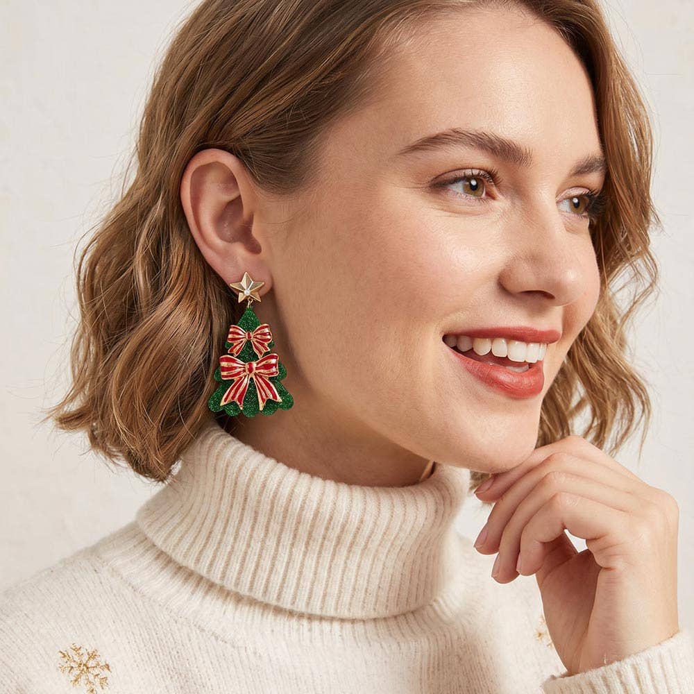 Star Bow Embellished Christmas Tree Charm Drop Earrings